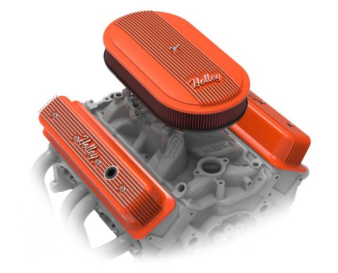 Holley Vintage Series Air Cleaner Assemblies 120-403 Cleaners, Series, 17 in. x 9 in., 5.125 in. Single Carburetor Neck, Machined Fin Top, Cotton Gauze Filter, Aluminum, Factory Orange, Each