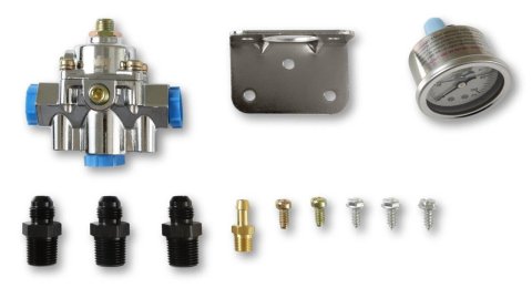 Holley Bypass Fuel Pressure Regulator Kits 12-882KIT Regulators, Die-Cast EFI By-Pass, Adjustable, 15-60 psi, Return, Inline, 3/8 in.-NPT, 1/8 in.-NPT, Ports, Fittings, Gauge, Bracket, Kit