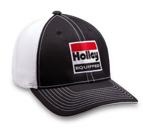 Holley Trucker Hats 10160-SMHOL Hats, Equipped, Embroidered Logo, Style, Ball Cap, Black and White, Flexfit Mesh, Cotton, Small-Medium, Each