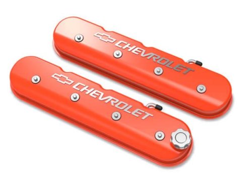 Holley Aluminum LS Valve Covers 241-403 Covers, LS, Centerbolt, Tall, Chevrolet Logo, Cast Aluminum, Orange Gloss, Baffled, Chevy, LS, 5.7L, 6.0L, 6.2L, 7.0L, Pair