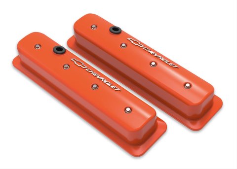 Holley Muscle Series Centerbolt Valve Covers 241-293 Covers, Series, Centerbolt, Chevrolet Logo, Cast Aluminum, Orange Gloss, Baffled, Chevy, 5.0L, 5.7L, Pair