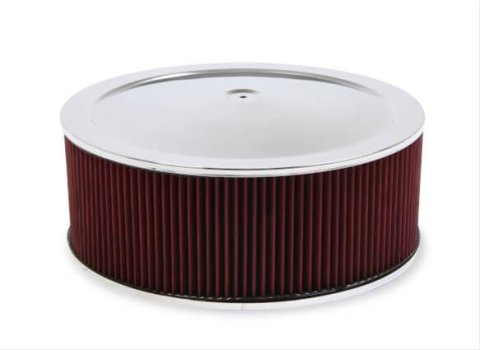 Holley 4500 Drop Base Air Cleaner Assemblies 120-4560 Cleaners, 16 in. Round, 7.50 in. Horn, Dropped Base, Steel, Chrome, Cotton Gauze Filter, Red, 6 in. Tall, fits Model 4500, Each