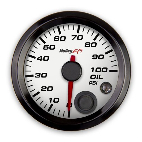 Holley EFI Analog Display Gauges 553-127W Gauges, EFI, Oil Pressure, 0-100 psi, Analog, Electric Sending Unit, 2 1/16 in. Diameter, Full Sweep, Lighted, White Face, Red Needle, Each