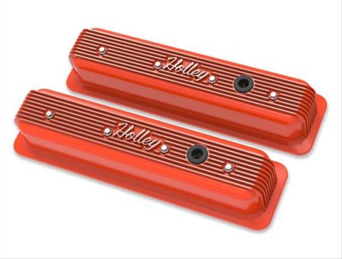 Holley Vintage Series Valve Covers 241-249 Covers, Series, Centerbolt, Finned, Logo, Cast Aluminum, Orange Gloss Finish, Baffled, Chevy, 5.0L, 5.7L, Pair
