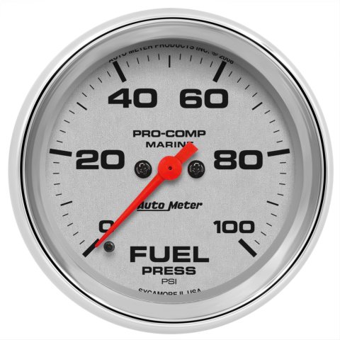AutoMeter Pro-Comp Marine Analog Gauges 200851-35 Gauge, Marine, Fuel Pressure, 2 5/8 in., 0-100 psi, Full Sweep, Silver Face, Red Pointer, Chrome Bezel, Electrical, Each
