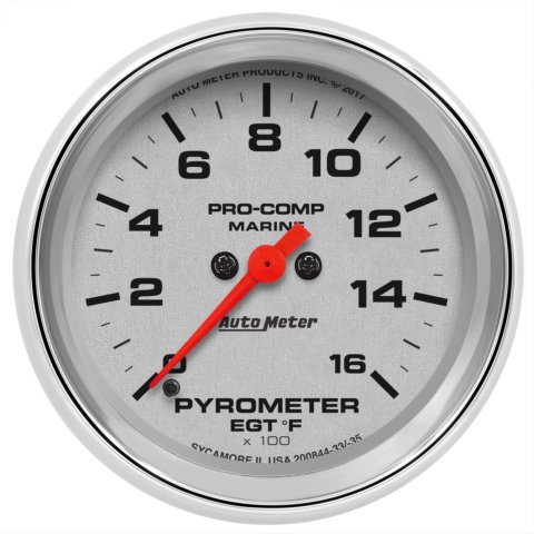 AutoMeter Pro-Comp Marine Analog Gauges 200844-35 Gauge, Marine, EGT/Pyrometer, 2 5/8 in., 0-1,600 degrees F, Full Sweep, Silver Face, Red Pointer, Chrome Bezel, Electrical, Each