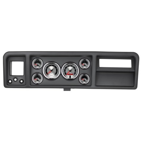 AutoMeter American Muscle Instrument Clusters 2146-01 Gauge Kit, Muscle, Analog, Silver Face, Speedometer, Tach, Oil, Water, Volt, Fuel, White Numbers, Red Pointers, Black Panel, Ford, Kit