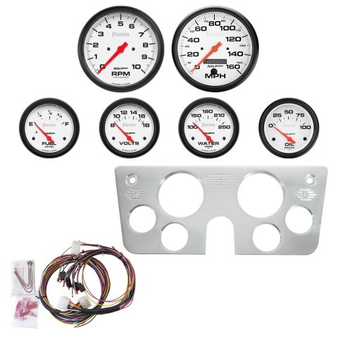 AutoMeter Phantom Instrument Clusters 7045-09 Gauge Kit, Phantom, Analog, White Face, Speedometer, Tachometer, Oil, Water, Volt, Fuel, Black Numbers, Red Pointers, Aluminum Panel, Chevy, Kit