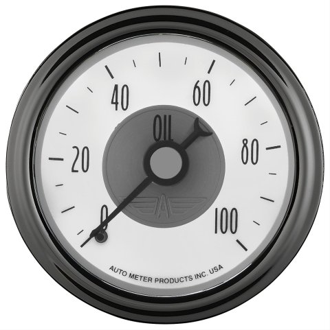AutoMeter Prestige Analog Gauges 2023 Gauge, Prestige, Oil Pressure, 2 1/16 in., 0-100 psi, Full Sweep, White Face, Black Pointer, Chrome Bezel, Mechanical, Each