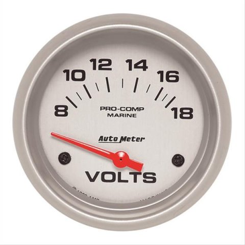 AutoMeter Pro-Comp Marine Analog Gauges 200757-33 Gauges, Analog, Voltmeter, 8-18 V, Short Sweep, 2 5/8 in., Silver Face, Black Numbers, Silver Bezel, Electrical, Each