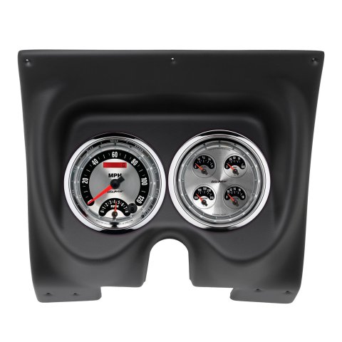AutoMeter American Muscle Instrument Clusters for 1967-1968 CAMARO, FIREBIRD - 2129-01 Gauge Kit, Muscle, Analog, Silver Face, Speedometer, Oil, Water, Volts, Fuel, White Numbers, Red Pointers, Black Panel, Chevy, Pontiac, Kit
