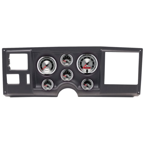 AutoMeter American Muscle Instrument Clusters 2925-01 Gauge Kit, Muscle, Analog, Silver Face, Speedometer, Tach, Oil, Water, Volt, Fuel, White Numbers, Red Pointers, Black Panel, Chevy, GMC, Kit