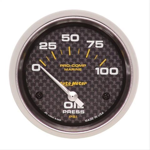 AutoMeter Pro-Comp Marine Carbon Fiber Analog Gauges 200759-40 Gauges, Analog, Oil Pressure, 0-100 psi, 2 5/8 in., Face, White Numbers, Silver Bezel, Electrical, Each