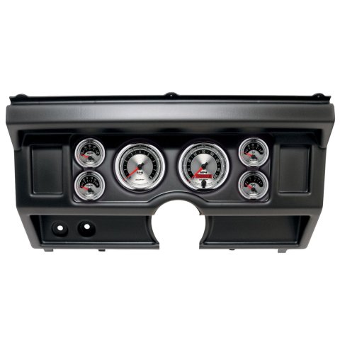 AutoMeter American Muscle Instrument Clusters 2918-01 Gauge Kit, Muscle, Analog, Silver Face, Speedo, Tach, Oil, Water, Volt, Fuel, White Numbers, Red Pointers, Black Panel, Ford, No A/C, Kit