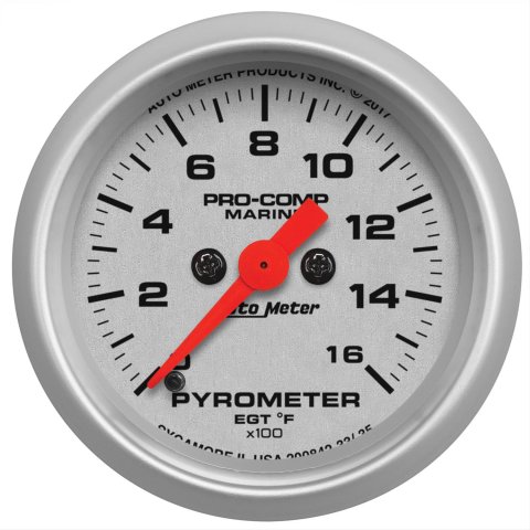 AutoMeter Pro-Comp Marine Analog Gauges 200842-33 Gauge, Marine, EGT/Pyrometer, 2 1/16 in., 0-1,600 degrees F, Full Sweep, Silver Face, Red Pointer, Silver Bezel, Electrical, Each