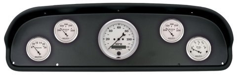 AutoMeter Old Tyme White Series Instrument Clusters for 1957-1960 F-100, F-250, F-350 - 2100-08 Gauge Kit, White, Analog, Speedometer, Oil, Water, Volts, Fuel, Black Numbers and Pointers, Black Panel, Ford, F100, Kit