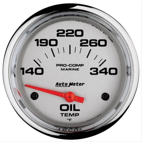 AutoMeter Pro-Comp Marine Analog Gauges 200765-35 Gauge, Marine, Oil Tempurature, 2 5/8 in., 140-340 degrees F, Short Sweep, Silver Face, Red Pointer, Chrome Bezel, Electrical, Each