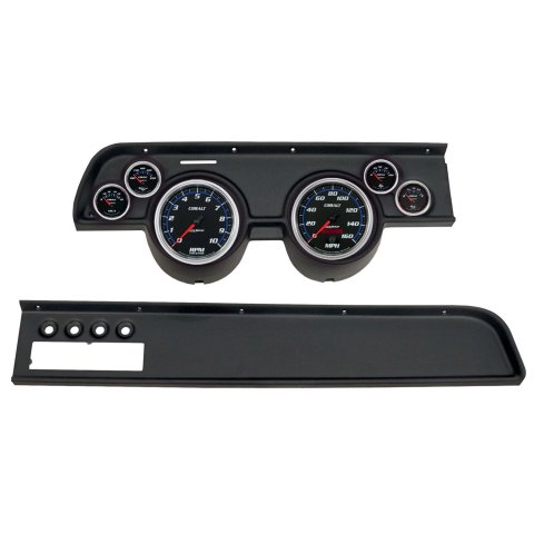 AutoMeter Cobalt Instrument Clusters for 1967-1968 COUGAR - 2115-05 Gauge Kit, Cobalt, Analog, Black Face, Speedo, Tach, Oil, Water, Volts, Fuel, White/Blue Numbers, Red Pointers, Black Panel, Mercury, With A/C, Kit