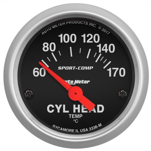 AutoMeter Sport-Comp Analog Gauges 3336-M Gauges, Gauges, Cylinder Head Temperature, 60-170 degrees C, 2 1/16 in., Black Face, White Numbers, Silver Bezel, Electrical, Each