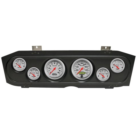 AutoMeter Ultra-Lite Instrument Clusters for 1969-1970 COUGAR - 2913-13 Gauge Kit, Ultra-Lite, Analog, Silver Face, Speedo, Tach, Oil, Water, Volt, Fuel, Black Numbers, Red Pointers, Black Panel, Mercury, Kit