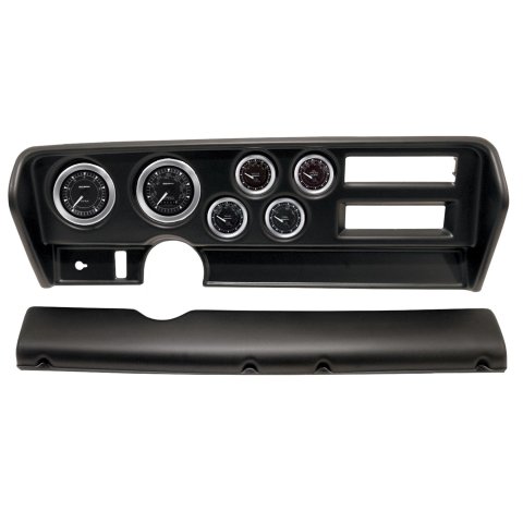 AutoMeter Chrono Instrument Clusters for 1970-1972 GTO, LEMANS - 2915-04 Gauge Kit, Chrono, Analog, Black Face, Speedo, Tach, Oil, Water, Volt, Fuel, White Numbers and Pointers, Black Panel, Pontiac, With A/C, Kit