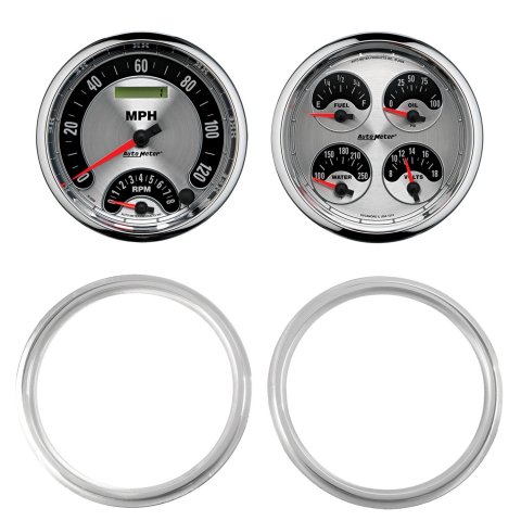 AutoMeter American Muscle Instrument Clusters 7039-01 Gauge Kit, Muscle, Analog, Silver Face, Speedometer, Oil, Water, Volt, Fuel, White Numbers, Red Pointers, Aluminum Panel, Chevy, Kit