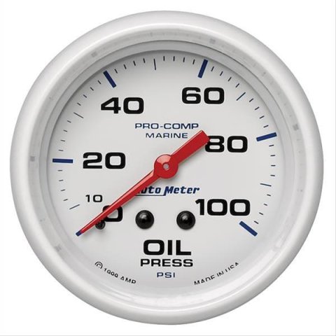 AutoMeter Pro-Comp Marine Analog Gauges 200777 Gauge, Marine, Oil Pressure, 2 5/8 in., 0-100 psi, Full Sweep, White Face, Red Pointer, White Bezel, Mechanical, Each