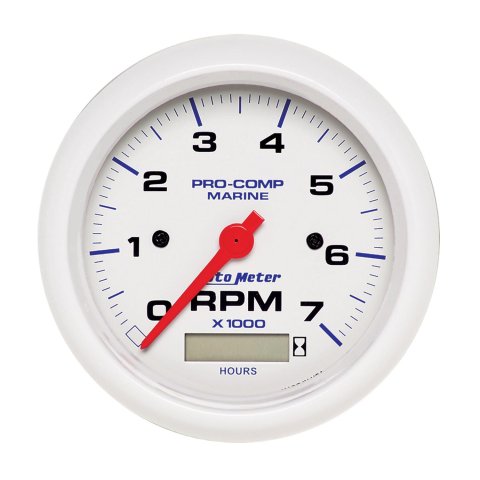 AutoMeter Pro-Comp Marine Tachometer Gauges 200890 Gauge, Marine, With Hour Meter, 3 3/8 in., 0-7,000 rpm, Full Sweep, White Face, Red Pointer, White Bezel, Electrical, Each
