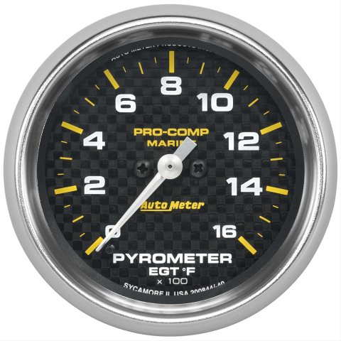 AutoMeter Pro-Comp Marine Carbon Fiber Analog Gauges 200844-40 Gauge, Marine, EGT/Pyrometer, 2 5/8 in., 0-1,600 degrees F, Full Sweep, Face, Silver Pointer, Silver Bezel, Electrical, Each