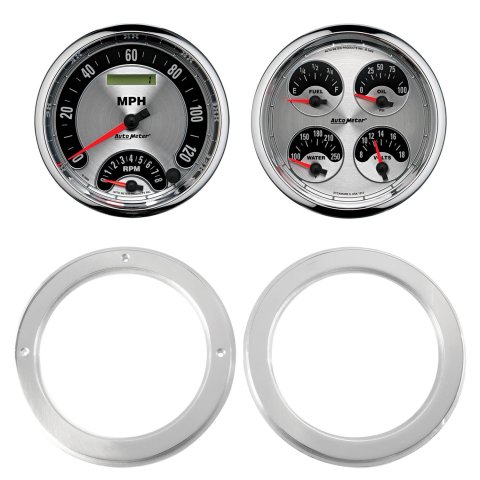 AutoMeter American Muscle Instrument Clusters 7037-01 Gauge Kit, Muscle, Analog, Silver Face, Speedometer, Oil, Water, Volt, Fuel, White Numbers, Red Pointers, Aluminum Panel, Chevy, Kit