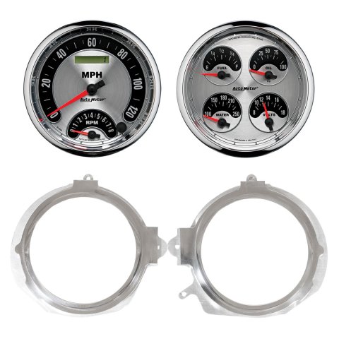 AutoMeter American Muscle Instrument Clusters for 1967-1968 CAMARO, FIREBIRD - 7056-01 Gauge Kit, Muscle, Analog, Silver Face, Speedometer, Oil, Water, Volt, Fuel, White Numbers, Red Pointers, Aluminum Panel, Chevy, Pontiac, Kit