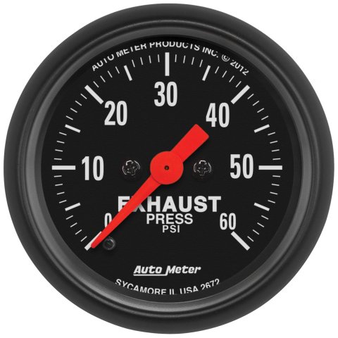 AutoMeter Z-Series Analog Gauges 2672 Gauges, Gauges, Exhaust Back Pressure, 0-60 psi, 2 1/16 in., Black Face, White Numbers, Black Bezel, Electrical, Each
