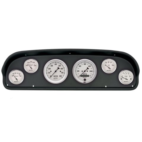 AutoMeter Old Tyme White Series Instrument Clusters for 1957-1960 F-100, F-250, F-350 - 2101-08 Gauge Kit, White, Analog, Speedometer, Tach, Oil, Water, Volts, Fuel, Black Numbers and Pointers, Black Panel, Ford, F100, Kit