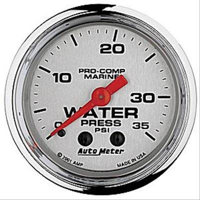 AutoMeter Pro-Comp Marine Analog Gauges 200772-35 Gauge, Marine, Water Presure, 2 1/16 in., 0-35 psi, Full Sweep, Silver Face, Red Pointer, Chrome Bezel, Mechanical, Each