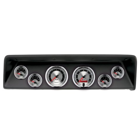 AutoMeter American Muscle Instrument Clusters for 1966-1967 CHEVY II - 2112-01 Gauge Kit, Muscle, Analog, Silver Face, Speedo, Tach, Oil, Water, Volts, Fuel, White Numbers, Red Pointers, Black Panel, Chevy, Kit