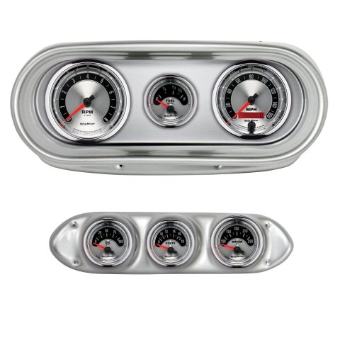 AutoMeter American Muscle Instrument Clusters for 1962-1965 CHEVY II - 2127-01 Gauge Kit, Muscle, Analog, Silver Face, Speedo, Tach, Oil, Water, Volts, Fuel, White Numbers, Red Pointers, Aluminum, Panel, Chevy, Kit