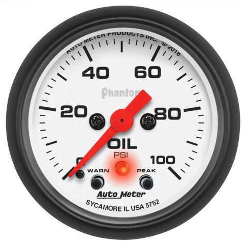 AutoMeter Phantom Analog Gauges 5752 Gauge, Phantom, Oil Pressure, 2 1/16 in., 0-100 psi, Full Sweep, White Face, Red Pointer, Black Bezel, Electrical, Each