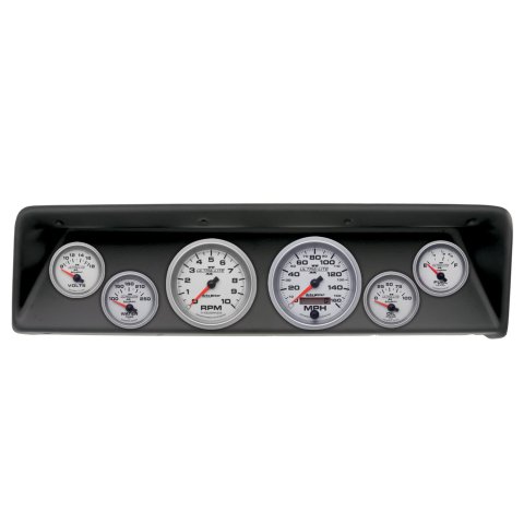 AutoMeter Ultra-Lite II Instrument Clusters for 1966-1967 CHEVY - 2112-14 Gauge Kit, II, Analog, Silver Face, Speedometer, Tach, Oil, Water, Volts, Fuel, Black Numbers, Red Pointers, Black Panel, Chevy, Kit