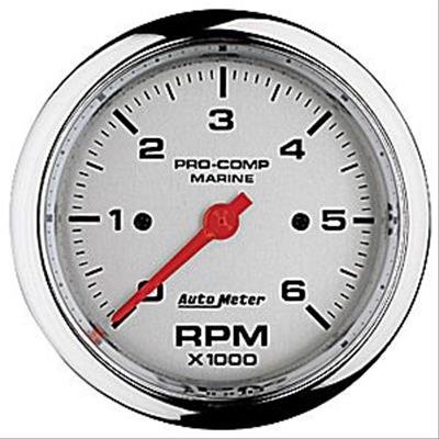AutoMeter Pro-Comp Marine Tachometer Gauges 200752-35 Gauge, Marine, Tachometer, 3 3/8 in., 0-6,000 rpm, Full Sweep, Silver Face, Red Pointer, Chrome Bezel, Electrical, Each