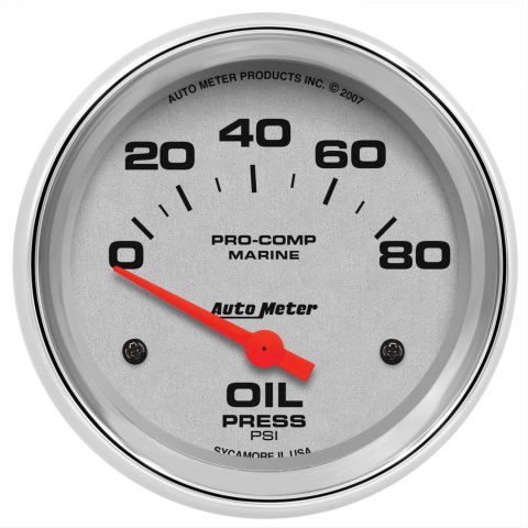 AutoMeter Pro-Comp Marine Analog Gauges 200747-35 Gauge, Marine, Oil Pressure, 2 5/8 in., 0-80 psi, Short Sweep, Silver Face, Red Pointer, Chrome Bezel, Electrical, Each