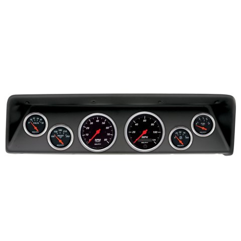 AutoMeter Designer Black Instrument Clusters for 1966-1967 CHEVY II - 2112-06 Gauge Kit, Black, Analog, Speedometer, Tach, Oil, Water, Volts, Fuel, White Numbers, Red Pointers, Panel, Chevy, Kit