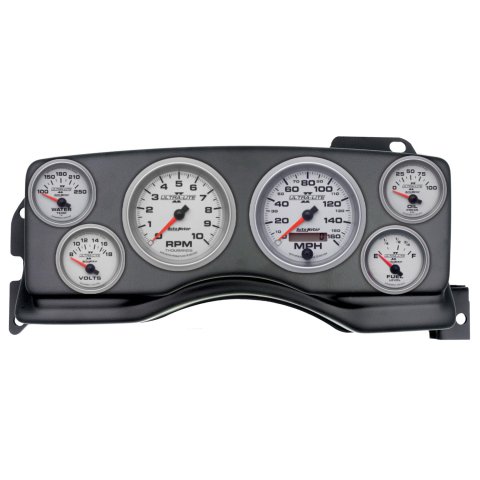AutoMeter Ultra-Lite II Instrument Clusters for 1990-1993 MUSTANG - 2927-14 Gauge Kit, II, Analog, Silver Face, Speedometer, Tach, Oil, Water, Volt, Fuel, Black Numbers, Red Pointers, Black Panel, Ford, Kit