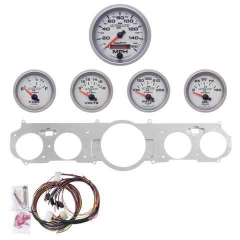 AutoMeter Ultra-Lite II Instrument Clusters for 1965-1966 MUSTANG - 7035-14 Gauge Kit, II, Analog, Silver Face, Speedometer, Oil, Water, Volt, Fuel, Black Numbers, Red Pointers, Aluminum Panel, Chevy, Kit