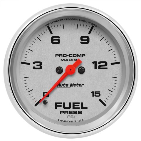 AutoMeter Pro-Comp Marine Analog Gauges 200849-35 Gauge, Marine, Fuel Pressure, 2 5/8 in., 0-15 psi, Full Sweep, Silver Face, Red Pointer, Chrome Bezel, Electrical, Each