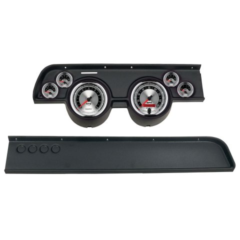 AutoMeter American Muscle Instrument Clusters for 1967-1968 COUGAR - 2114-01 Gauge Kit, Muscle, Analog, Silver Face, Speedo, Tach, Oil, Water, Volts, Fuel, White Numbers, Red Pointers, Black Panel, Mercury, No A/C, Kit