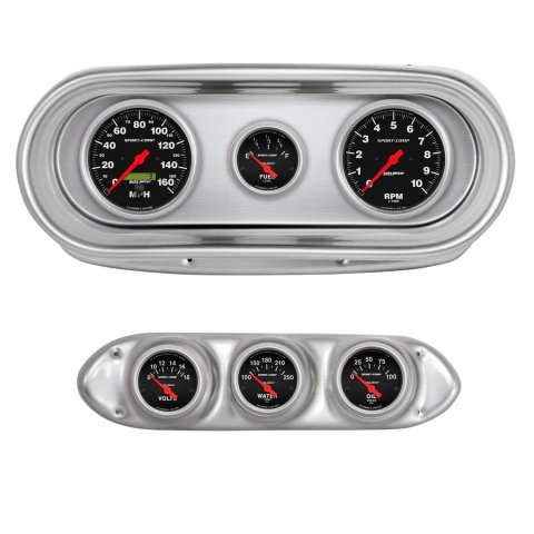 AutoMeter Sport-Comp Instrument Clusters for 1962-1965 CHEVY II - 2127-11 Gauge Kit, Sport-Comp, Analog, Black Face, Speedo, Black Face, Tach, Oil, Water, Volts, Fuel, White Numbers, Red Pointers, Brushed Panel, Chevy, Kit