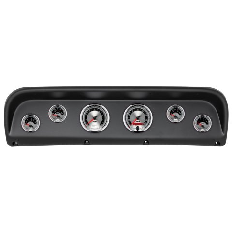 AutoMeter American Muscle Instrument Clusters 2145-01 Gauge Kit, Muscle, Analog, Silver Face, Speedometer, Tach, Oil, Water, Volt, Fuel, White Numbers, Red Pointers, Black Panel, Ford, Kit
