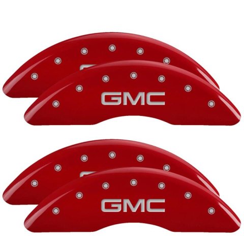 MGP Caliper Covers - Brake for 2020-2025 SIERRA 2500 HD, 3500 HD 34219SGMCRD Set of 4 caliper covers, Engraved Front and Rear: GMC, Red powder coat finish, silver characters
