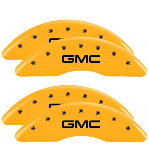 MGP Caliper Covers - Brake for 2020-2025 SIERRA 2500 HD, 3500 HD 34219SGMCYL Set of 4 caliper covers, Engraved Front and Rear: GMC, Yellow powder coat finish, black characters