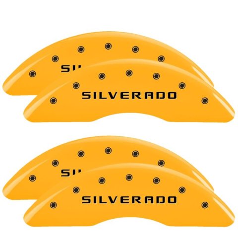 MGP Yellow Caliper Covers for 2020-2024 SILVERADO 2500 HD, 3500 HD - 14258SSILYL Set of 4 caliper covers, Engraved Front and Rear: Silverado, powder coat finish, black characters